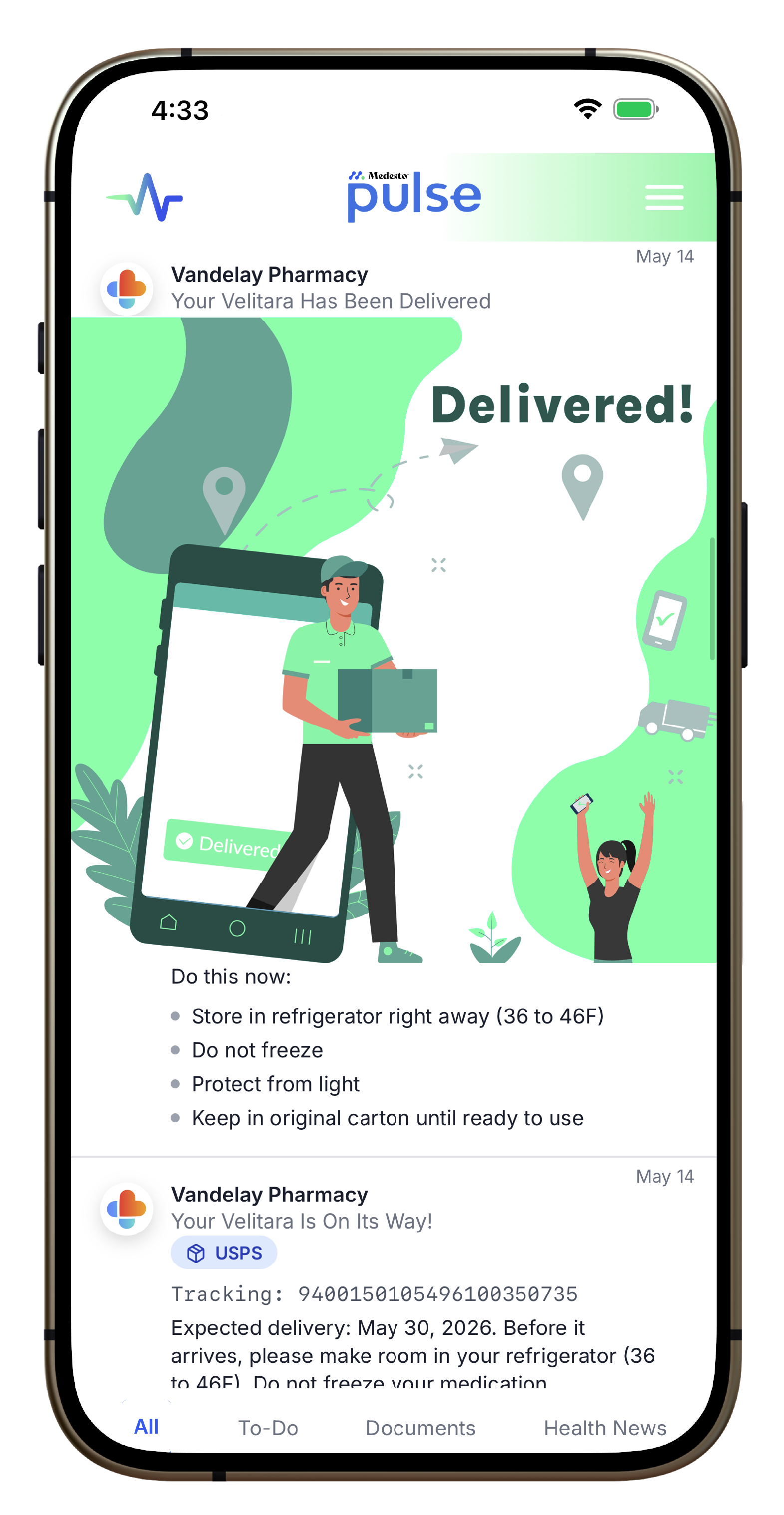 Delivery tracking and address confirmation screen in Medesto Pulse