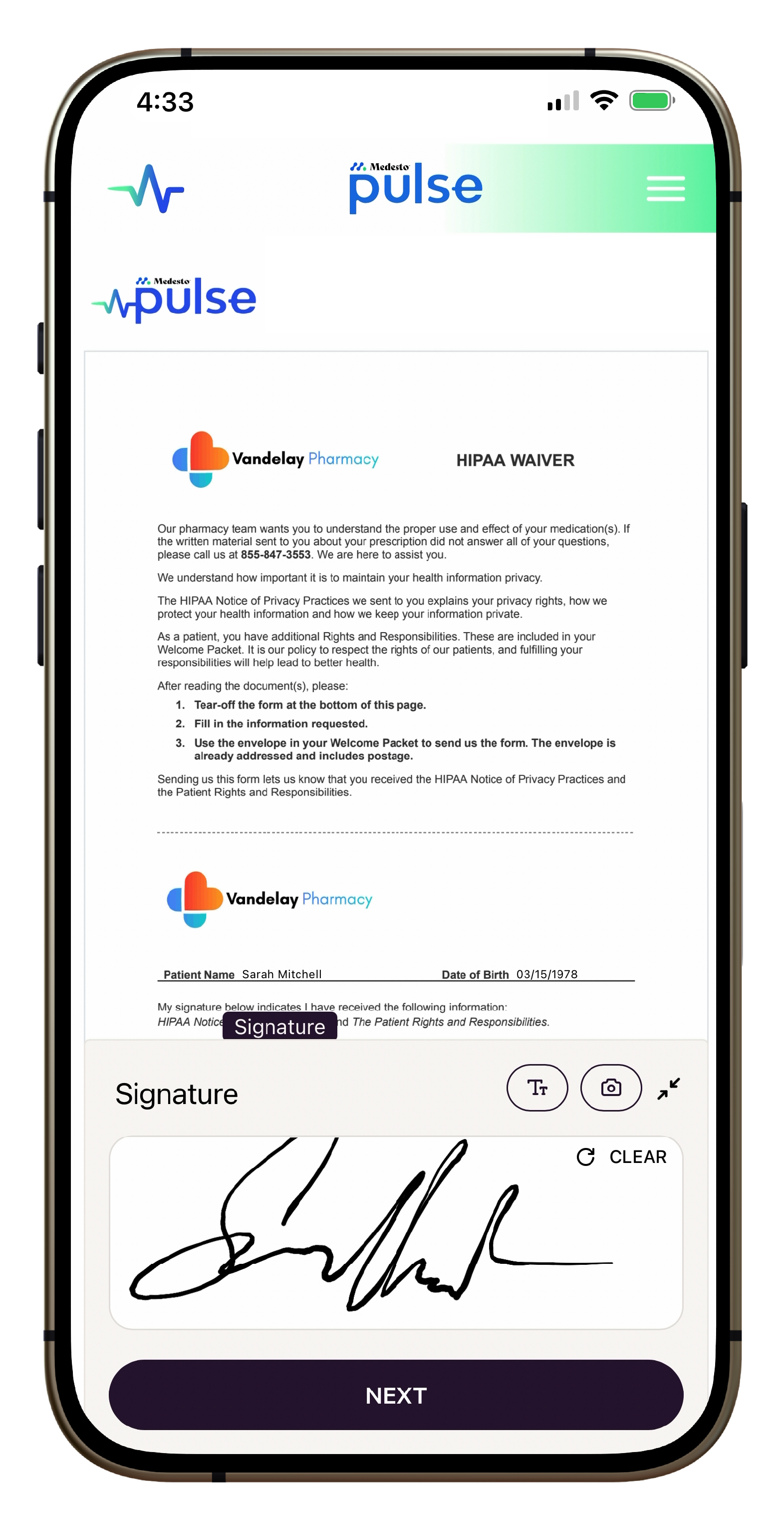 Digital consent and signature screen in Medesto Pulse