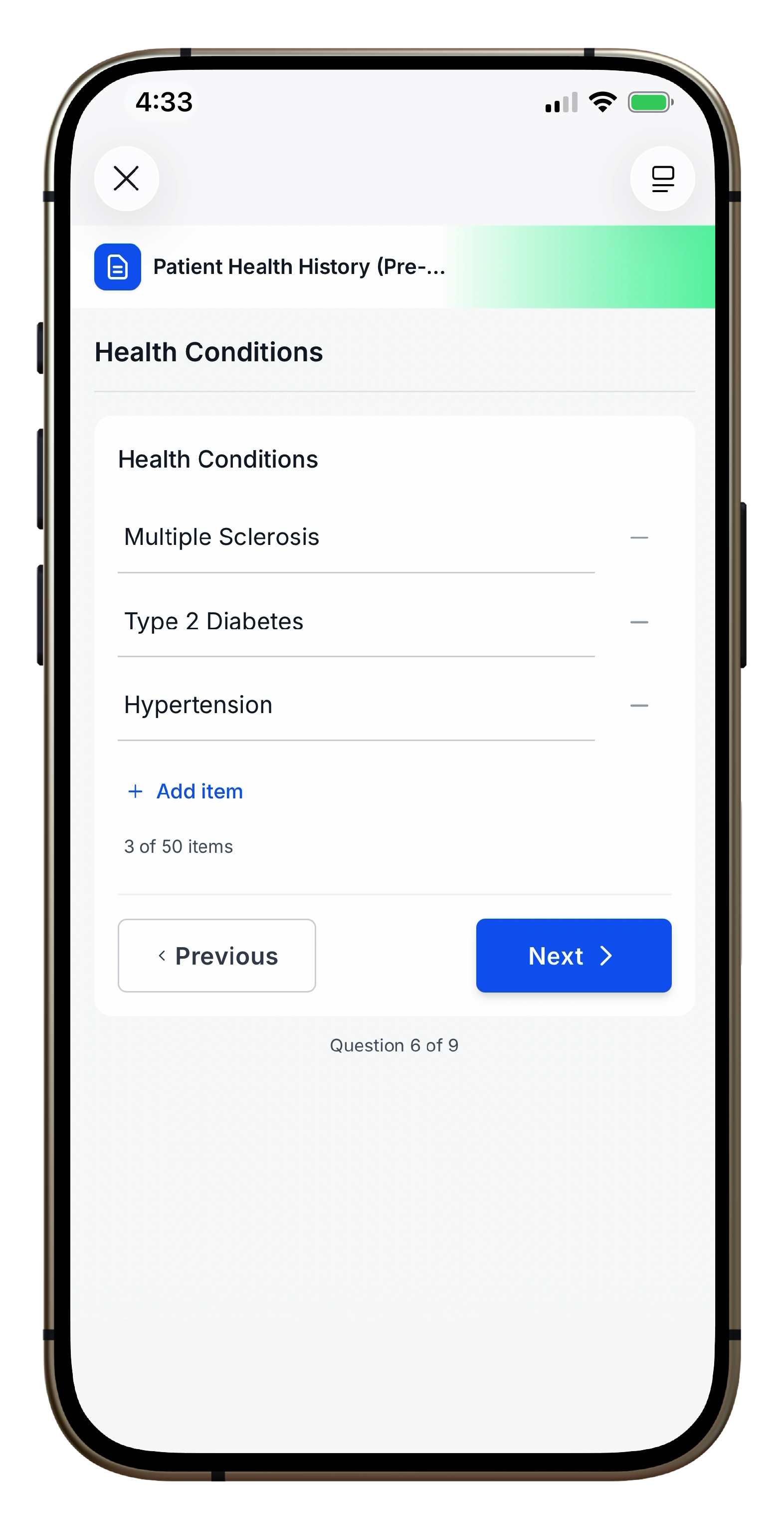 Pre-filled health profile screen in Medesto Pulse