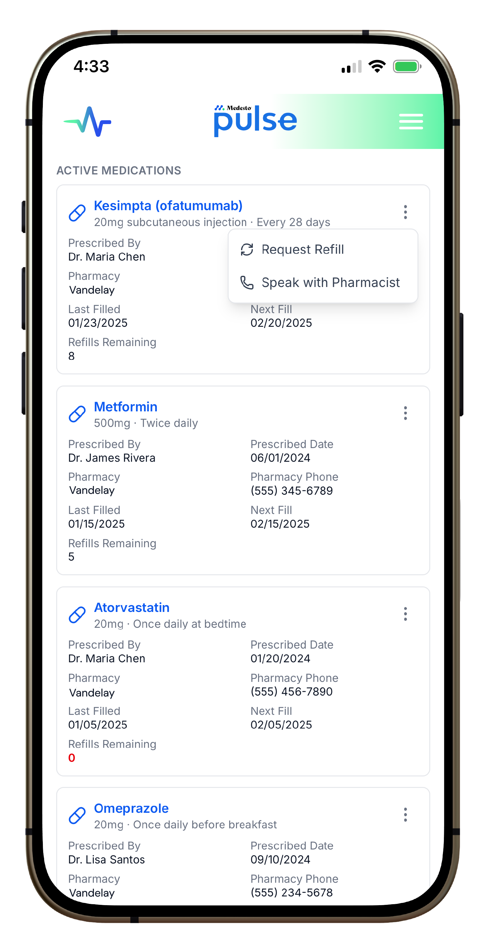 Medication list and refill requests screen in Medesto Pulse
