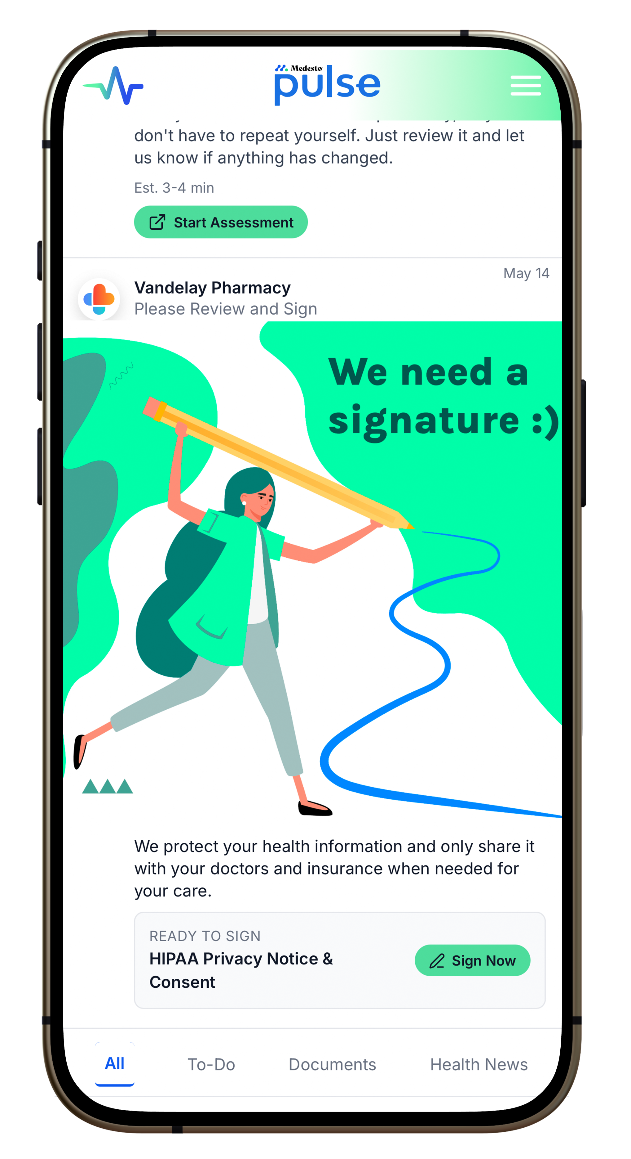 Medesto Pulse app on iPhone showing the live health feed
