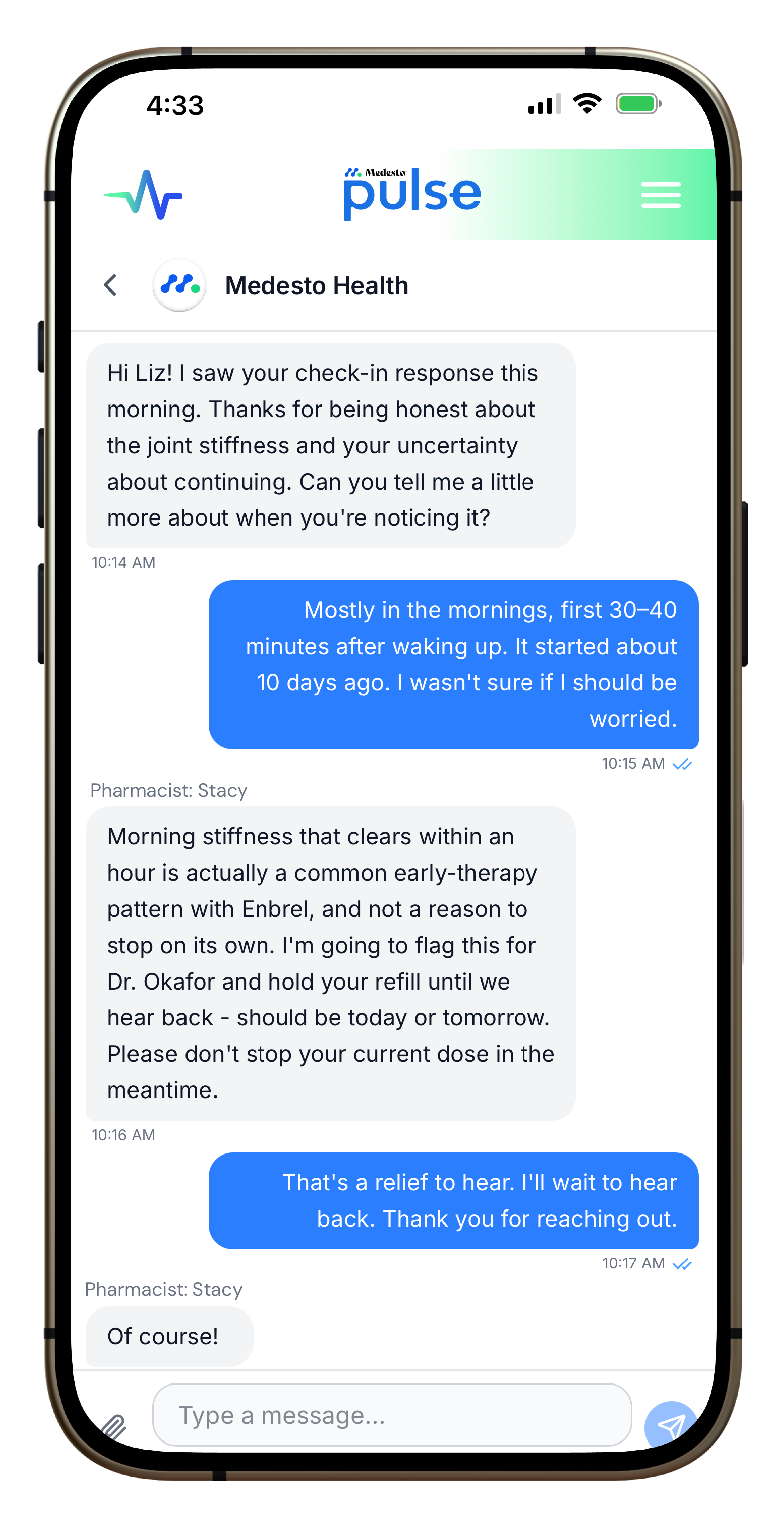 Direct messaging with your pharmacy in Medesto Pulse