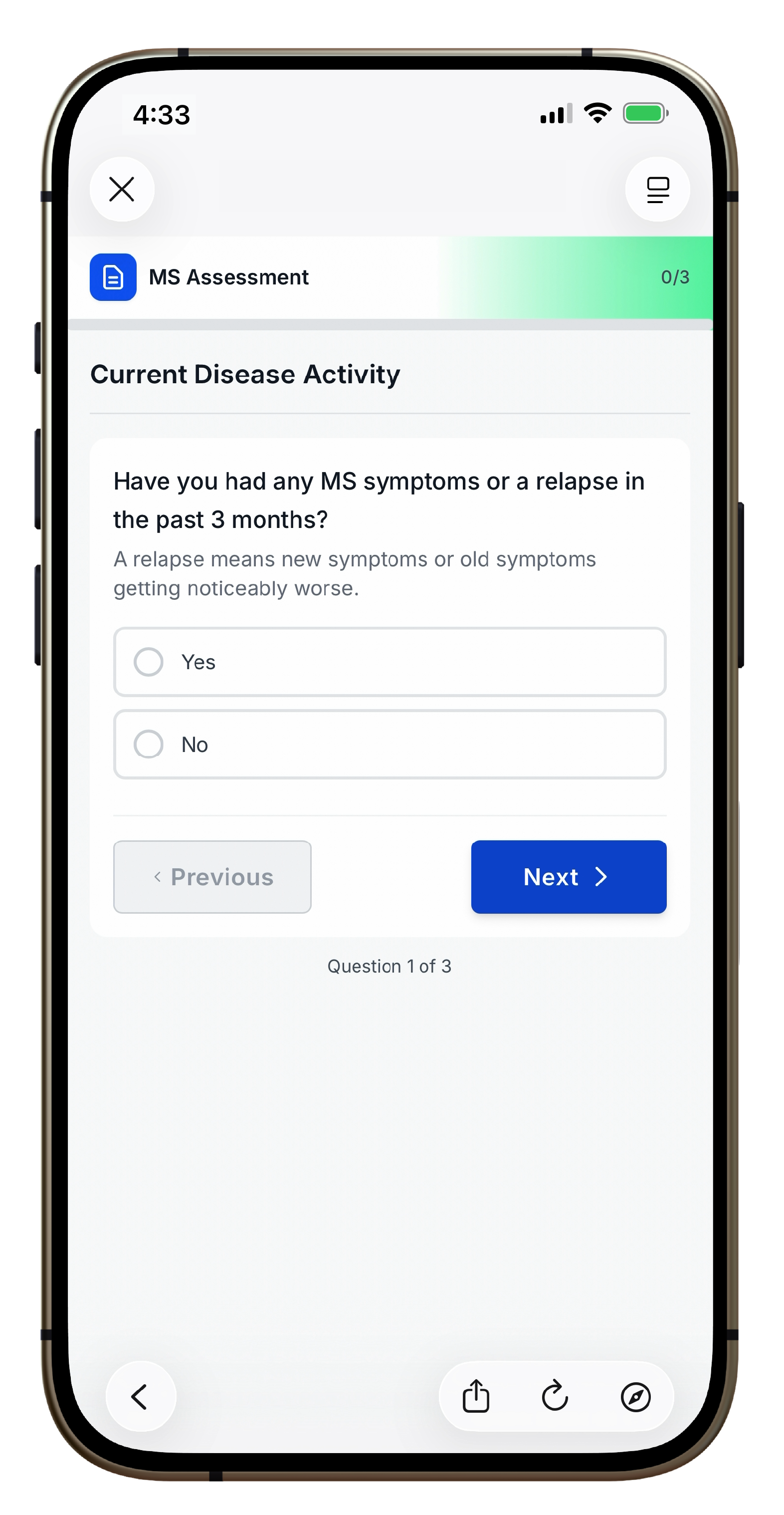 Baseline assessment screen in Medesto Pulse